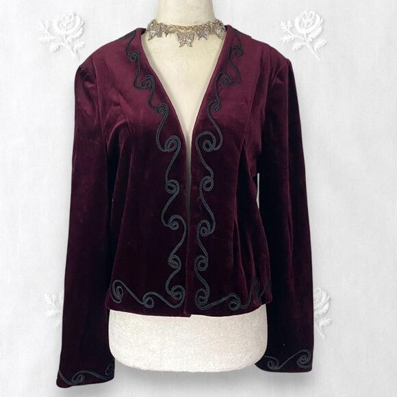 Union Made in USA 1970s Whimsygoth Burgundy Velvet Embroidered Blazer Jacket S M - Picture 1 of 8